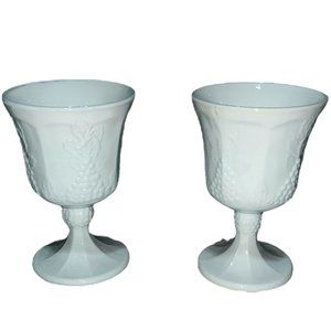 Vtg Indiana Glass Co Set of 2 Milk Glass Colony Grape Harvest Water/Wine Goblets